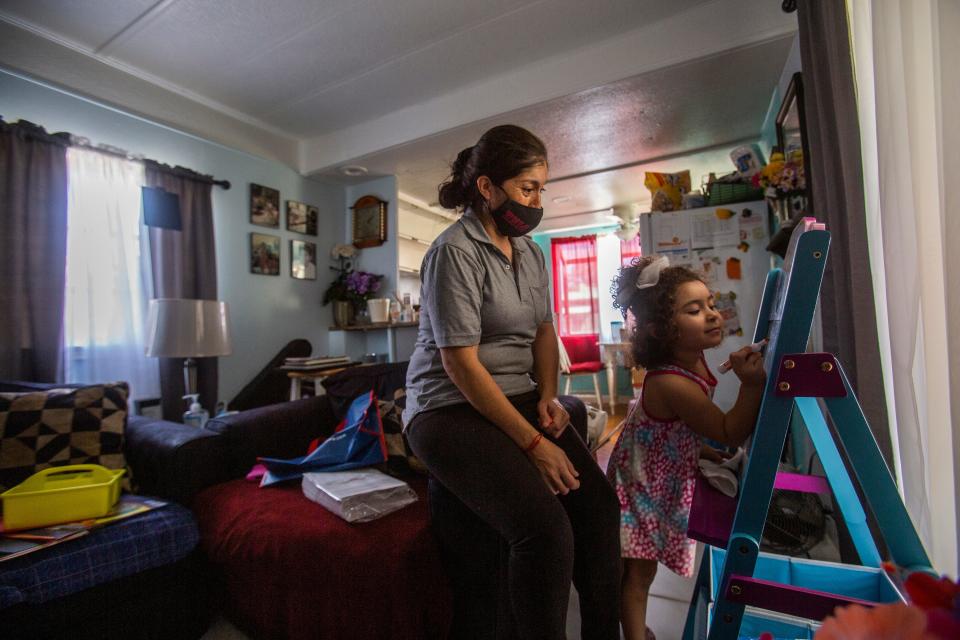 Guadalupe Serreno and her daughter, Luna, live in a one-bedroom mobile home with Guadalupe's elderly father. Serreno is unable to provide for her family without the help of her father's Social Security payment because her wages as a farm worker do not cover all of their expenses. She has been working in the fields of Imperial Valley for 20 years.