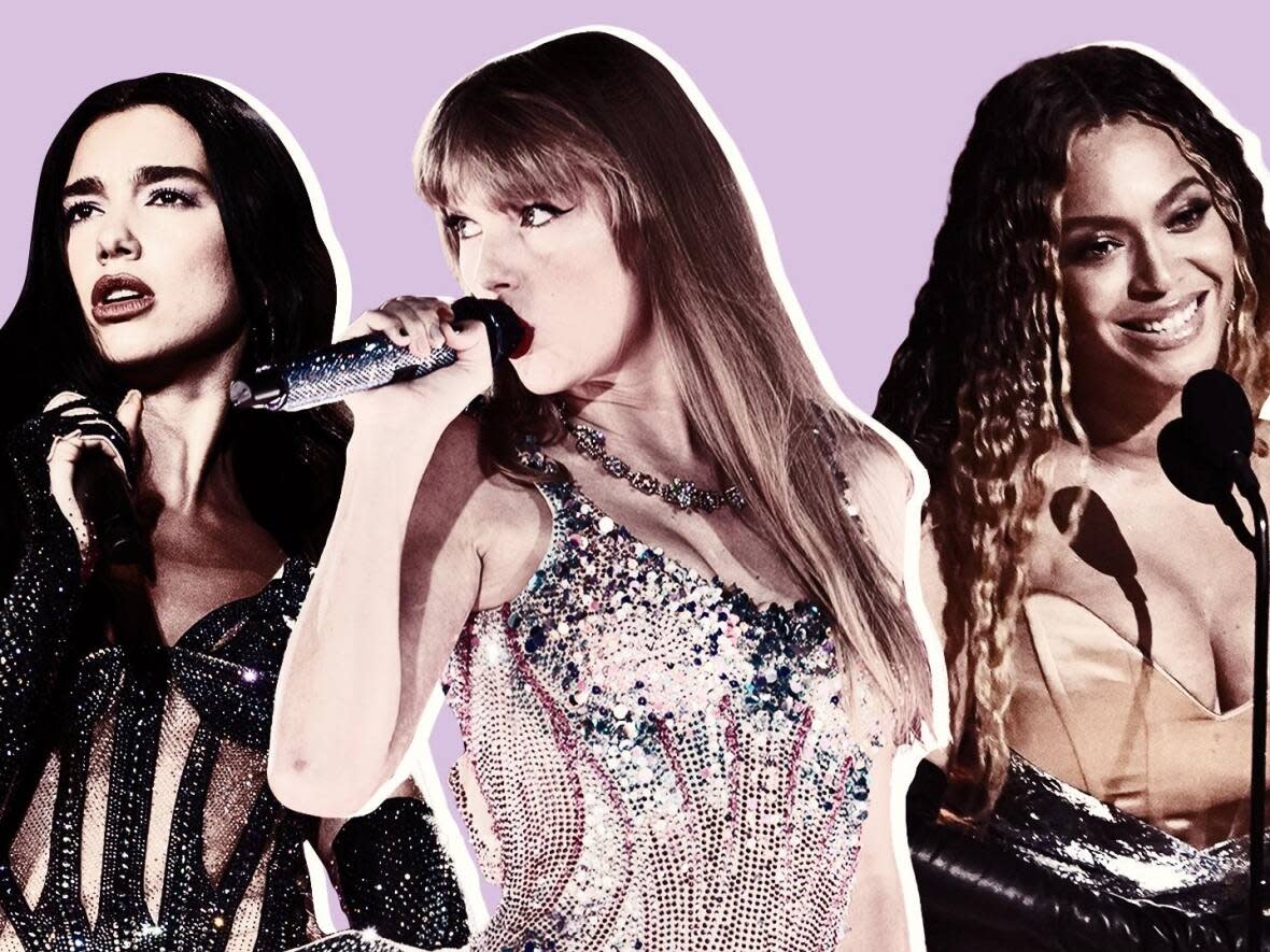 From left, Dua Lipa, Taylor Swift, and Beyonce are shown. Pop stars are approaching their concerts with social media audiences in mind, engaging fans who aren't there in person but who are intently watching concert footage from their TikTok feeds. (Illustration by CBC/The Canadian Press - image credit)