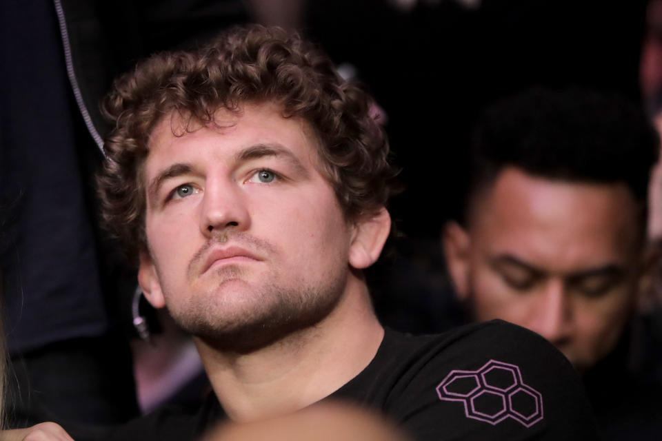 UFC fighter Ben Askren waits for the start of a middleweight mixed martial arts bout between David Branch and Jared Cannonier at UFC 230, Saturday, Nov. 3, 2018, at Madison Square Garden in New York. (AP Photo/Julio Cortez)