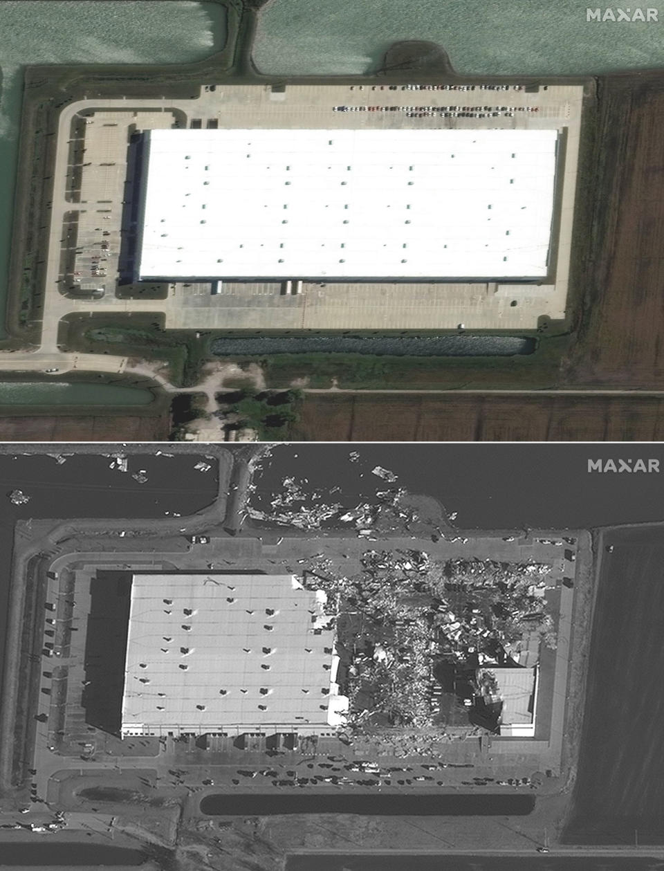 Two aerial photos of the Amazon warehouse in Illinois: one intact the other half destroyed. 