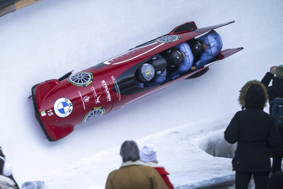 Patrick Baumgartner and Team of Italy in action during the Bobsled World Cup in St. Moritz, Switzerland, Sunday, Jan. 14, 2024. (Mayk Wendt/Keystone via AP)