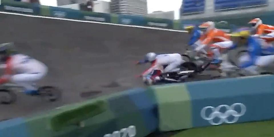 A crash occurs in the BMX event at the Tokyo Olympics.