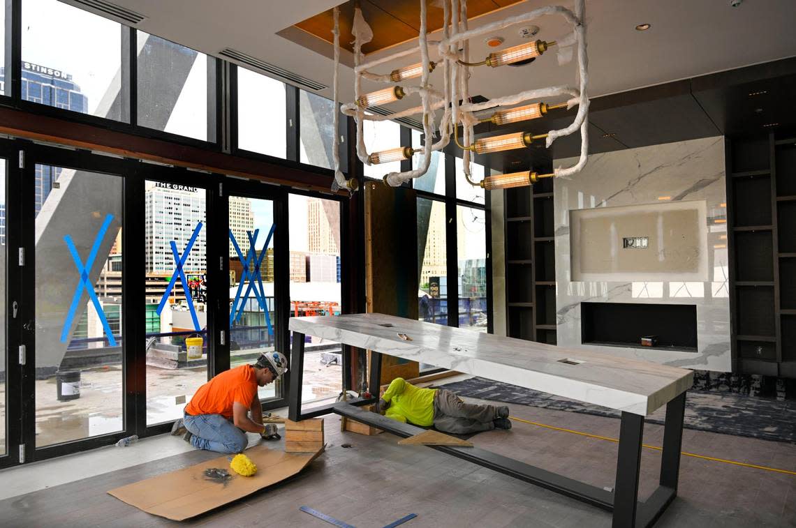 A large party room was under construction on Wednesday, May 31, 2023, at Three Light, a luxury apartment building at 1477 Main St., in Kansas City. Three Light plans to open in September.