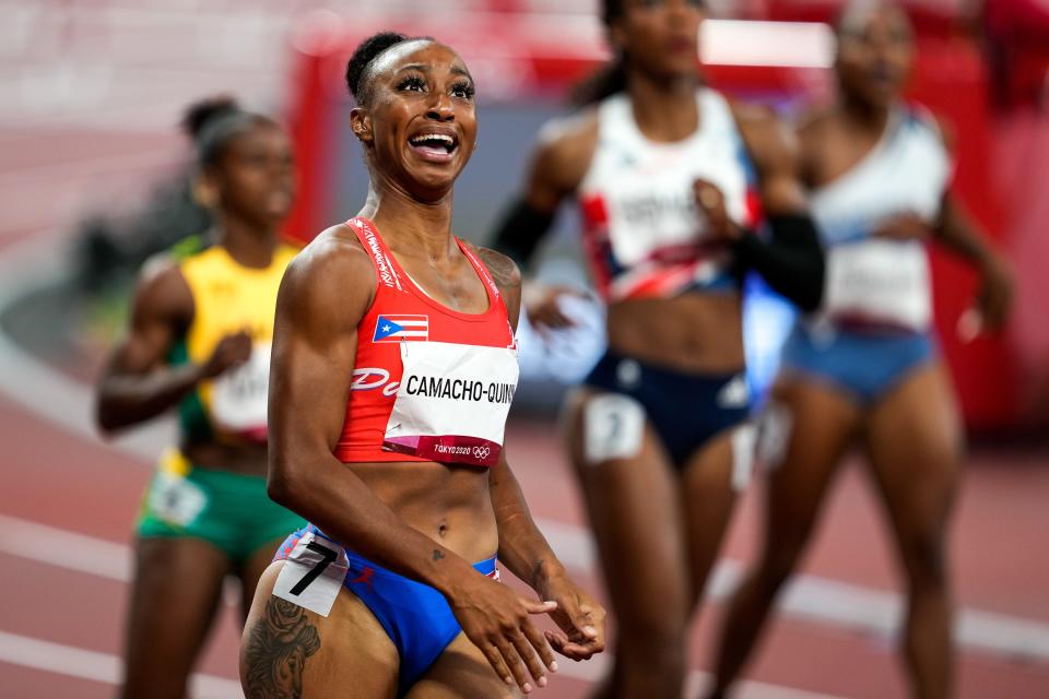 Aug 1, 2021; Tokyo, Japan; Jasmine Camacho-Quinn (PUR) reacts after competing in the women's 100m hurdles semifinal 3 during the Tokyo 2020 Olympic Summer Games at Olympic Stadium.