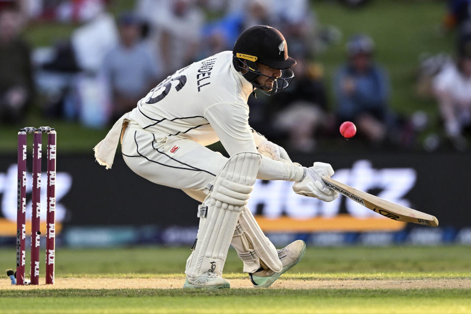 New Zealand's Tom Blundell bats against England on the second day of their cricket test match in Tauranga, New Zealand, Friday, Feb. 17, 2023. (Andrew Cornaga/Photosport via AP)