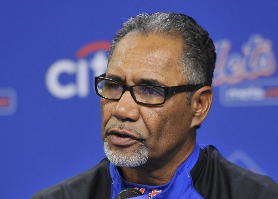 FILE - New York Mets manager Jerry Manuel talks to the media prior to a baseball game against the Washington Nationals, Sunday, Oct. 3, 2010, in New York. The percentage of Black major league players has been declining for decades and remains historically low, but there are signs of improvement in the league's player development pipeline. (AP Photo/Kathy Kmonicek, File)