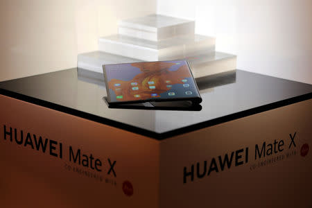 The new Huawei Mate X device is seen during a pre-briefing display ahead of the Mobile World Congress in Barcelona, Spain, February 23, 2019. REUTERS/Sergio Perez