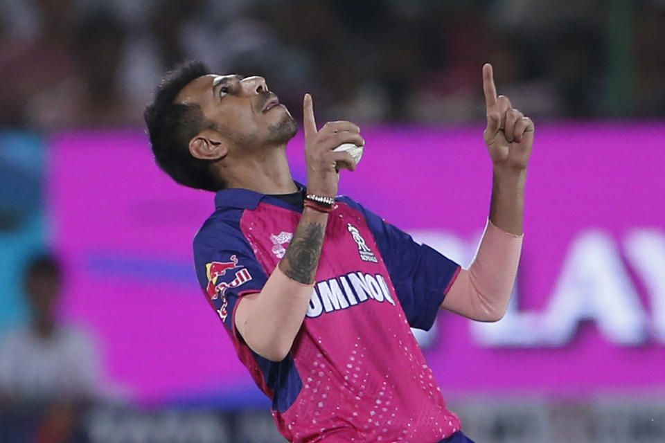 Rajasthan Royals' Yuzvendra Chahal celebrates the dismissal of Mumbai Indians' Mohammad Nabi during the Indian Premier League cricket match between Mumbai Indians and Rajasthan Royals in Jaipur, India, Monday, April 22, 2024. (AP Photo/Surjeet Yadav)