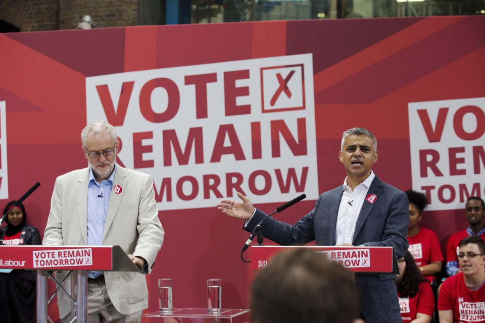 FILE - In this Wednesday, June 22, 2016 file photo, London Mayor Sadiq Khan, right, makes an address flanked by the leader of Britain's opposition Labour Party Jeremy Corbyn during a European Referendum "Remain" rally in London. Five years ago, Britons voted in a referendum that was meant to bring certainty to the U.K.’s fraught relationship with its European neigbors. Voters’ decision on June 23, 2016 was narrow but clear: By 52 percent to 48 percent, they chose to leave the European Union. It took over four years to actually make the break. The former partners are still bickering, like many divorced couples, over money and trust. (AP Photo/Matt Dunham, FIle)