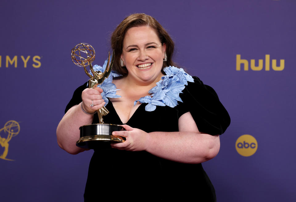 LOS ANGELES, CALIFORNIA - SEPTEMBER 15: Jessica Gunning, winner of the Outstanding Supporting Actress in a Limited or Anthology Series or Movie for “Baby Reindeer”, poses in the press room during the 76th Primetime Emmy Awards at Peacock Theater on September 15, 2024 in Los Angeles, California.  (Photo by Kevin Mazur/Getty Images)