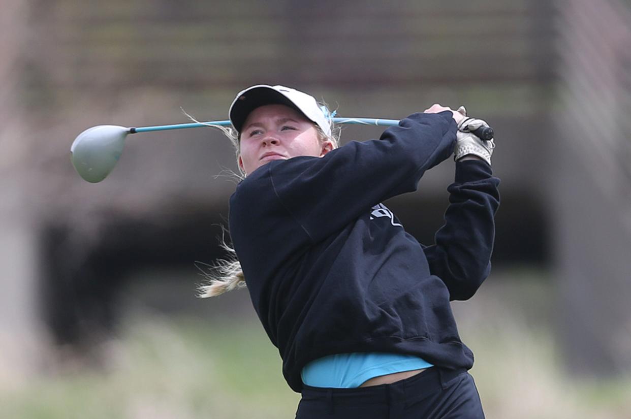 Nevada's Caitlin Johnson looks ar the ball after a tee onto the 9th hole in the Turk Bowman Invitational Girls Golf meet at Veenker Memorial Golf Course on Monday, April 22, 2024, in Ames, Iowa.