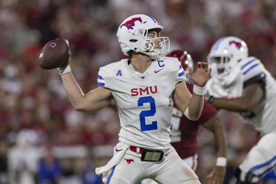 SMU quarterback Preston Stone throws a pass against Oklahoma during the second half of an NCAA college football game Saturday, Sept. 9, 2023, in Norman, Okla. (AP Photo/Alonzo Adams)