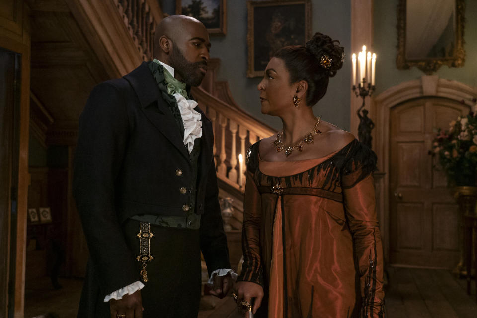 Bridgerton. (L to R) Daniel Francis as Lord Anderson, Adjoa Andoh as Lady Agatha Danbury in episode 306 of Bridgerton. Cr. Liam Daniel/Netflix © 202