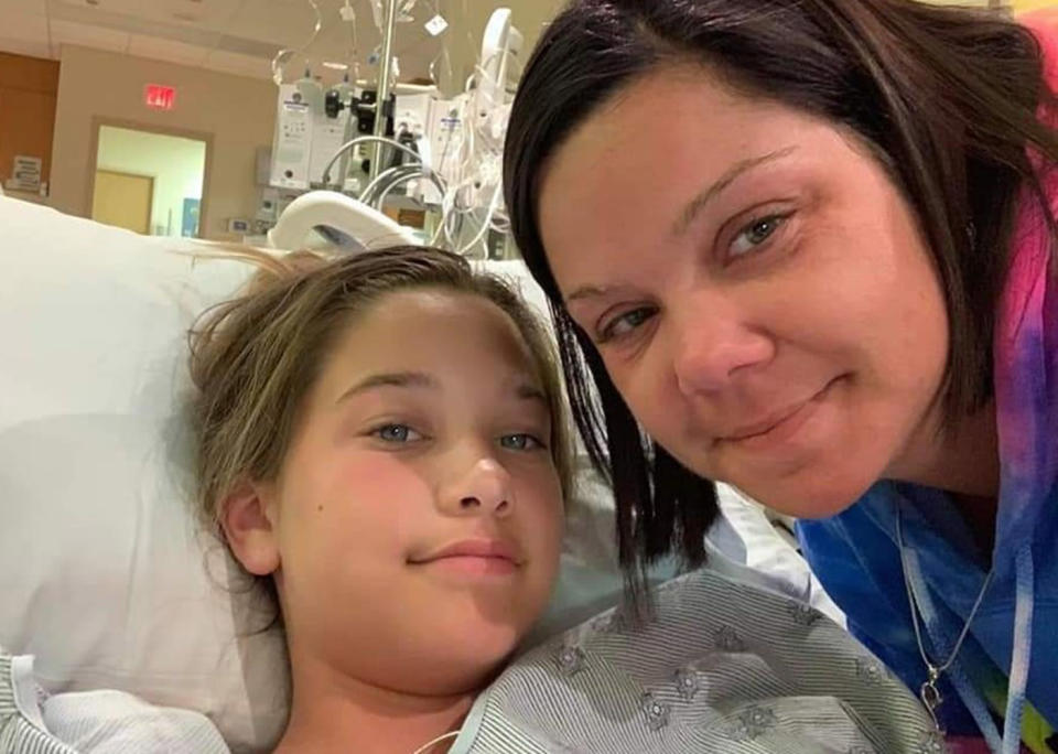 Pictured is Indiana girl Kylei and mother Michelle Brown in hospital recovering from a flesh eating infection.