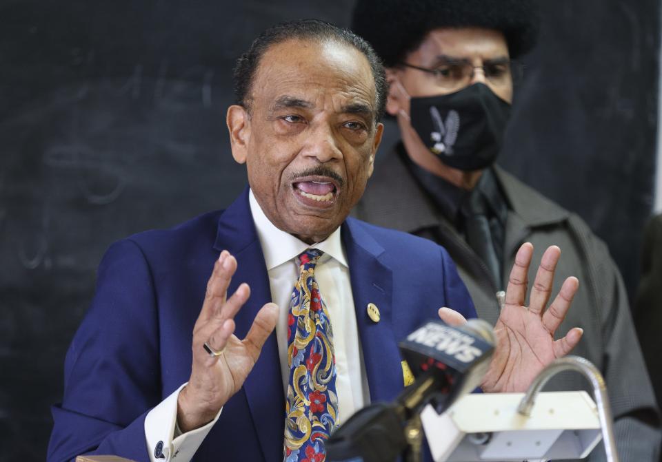 Rev. Lewis Stewart, of First Church of God, shown in a 2021 photo, speaking out against the Rochester Police Department's use of handcuffs and pepper spray on a 9-year-old girl.