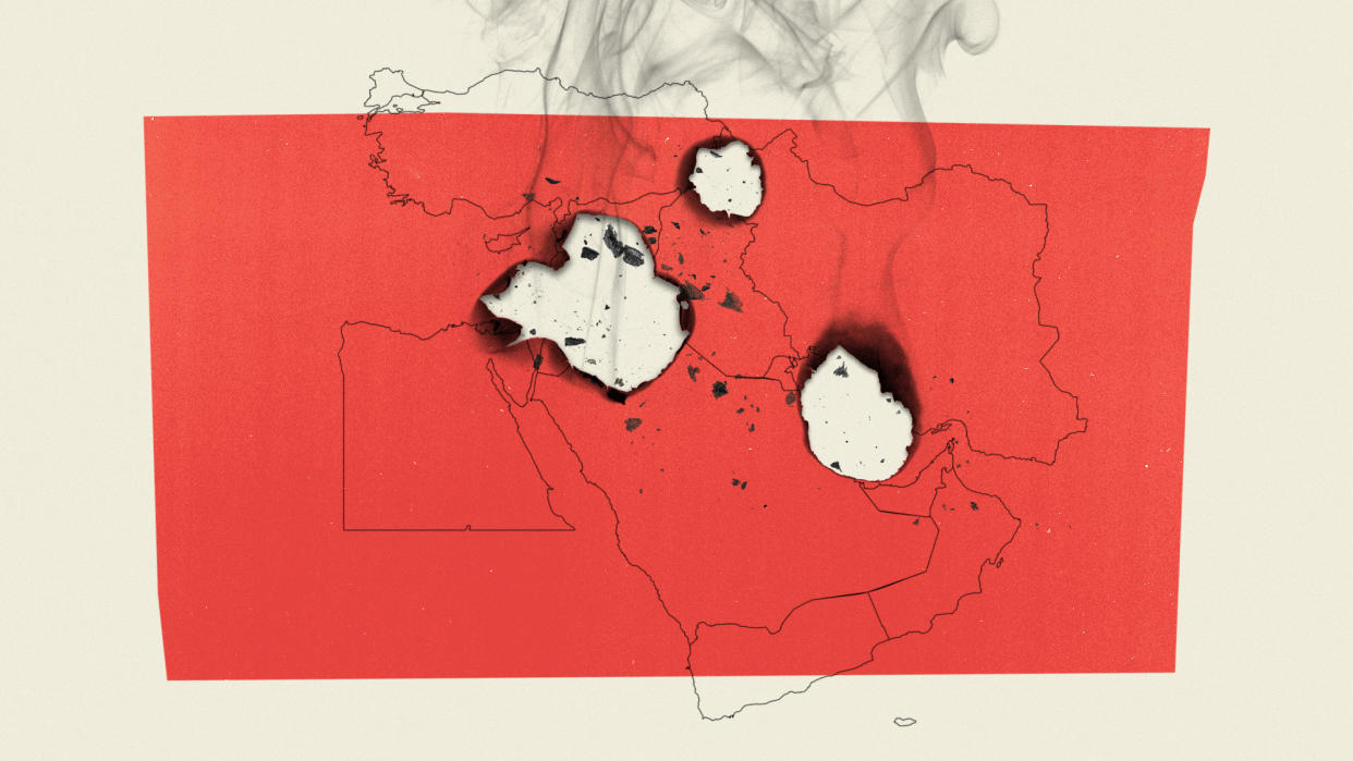  Map of Middle East with holes burned in it. 