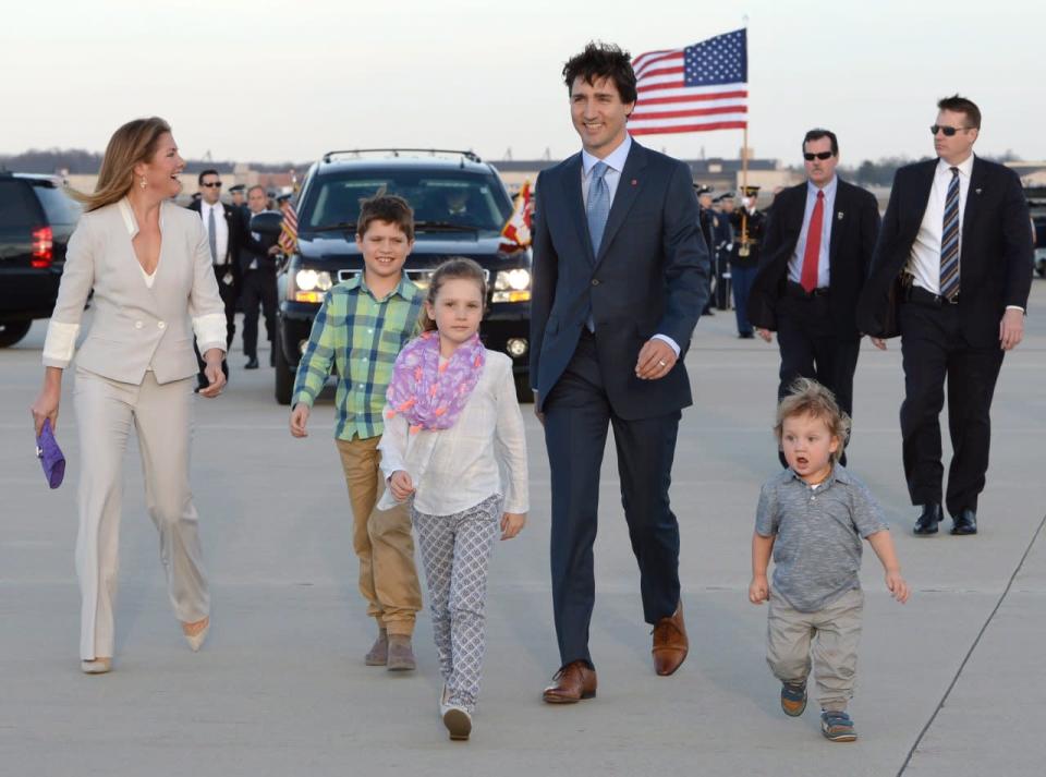 Prime Minister Justin Trudeau arrives for a state visit in Washington, D.C., with his wife Sophie Gregoire-Trudeau, left, and their children Xavier James, Ella-Grace and Hadrian, right, on Wednesday, March 9, 2016. THE CANADIAN PRESS/Paul Chiasson