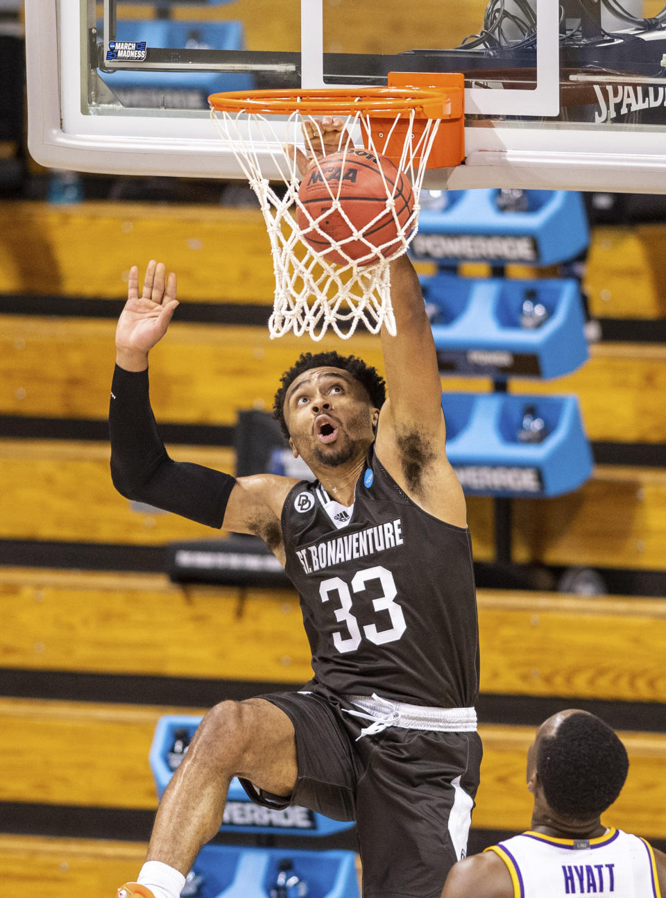 St. Bonaventure guard Jalen Adaway (33) watches as his shot fall through the net during the second half of a first round game against LSU in the NCAA men's college basketball tournament, Saturday, March 20, 2021, at Assembly Hall in Bloomington, Ind. (AP Photo/Doug McSchooler)