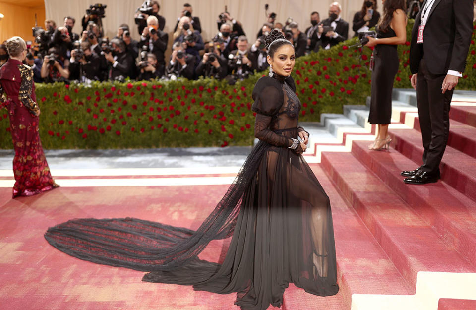 Vanessa Hudgens in a Moschino dress with Jimmy Choo’s “Maxi” platform sandals at The 2022 Met Gala celebrating In America: An Anthology of Fashion held at the The Metropolitan Museum of Art on May 2, 2022 in New York City. - Credit: Christopher Polk for Variety