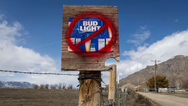 PHOTO: In this April 21, 2023, file photo, a sign disparaging Bud Light beer is seen along a country road in Arco, Idaho. (Natalie Behring/Getty Images, FILE)