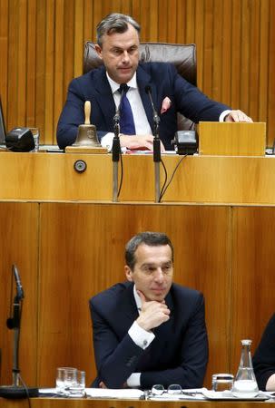 Austrian far right Freedom Party (FPOe) presidential candidate Norbert Hofer (top) and Chancellor Christian Kern attend a session of the parliament in Vienna, Austria, May 19, 2016. REUTERS/Leonhard Foeger