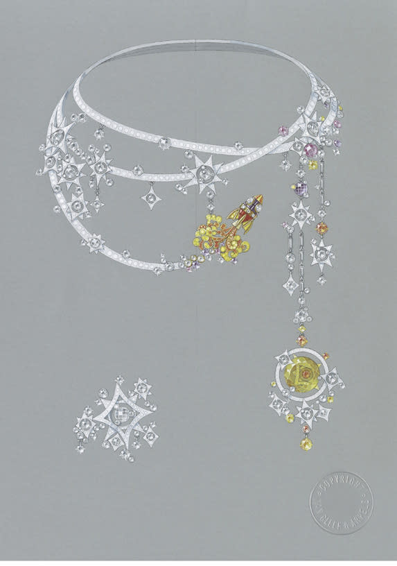 Tampa necklace by Van Cleef & Arpels, French; Made of white and yellow gold with round-, baguette- and rose-cut diamond, round pink, purple and yellow sapphire, rose-cut blue sapphire, onyx, round orange garnet, round red spinel and round beryl