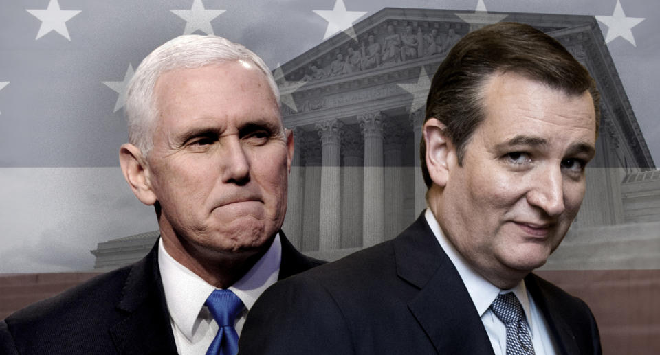 Mike Pence, Ted Cruz. (Photo illustration: Yahoo News; photos: AP, Bill Clark/CQ Roll Call/Getty Images, Zach Gibson/Getty Images, Leah Millis /Reuters)