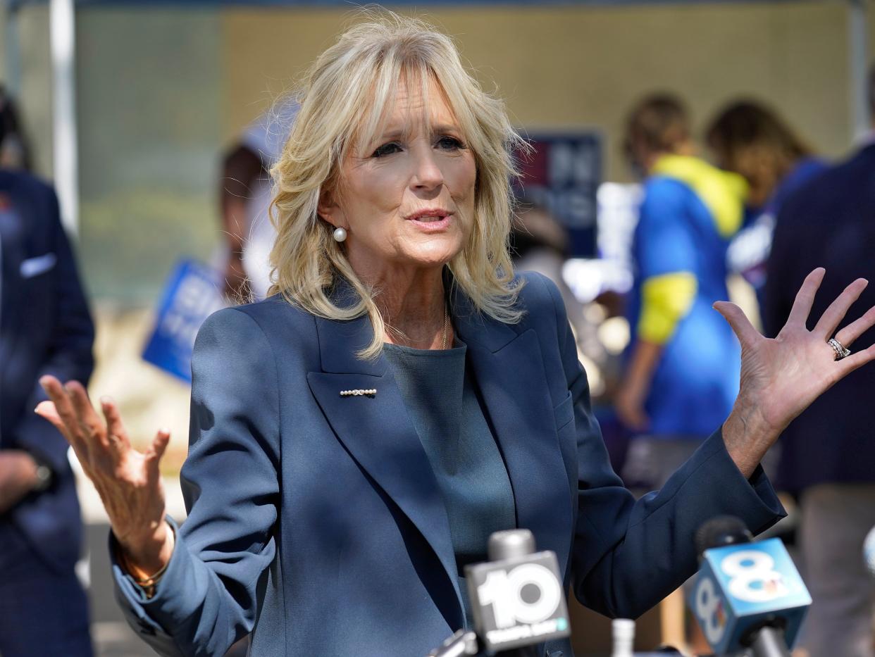 <p>Jill Biden said that she wants to ‘build a world where the accomplishments of our daughters are celebrated, rather than diminished’</p> ((Associated Press))