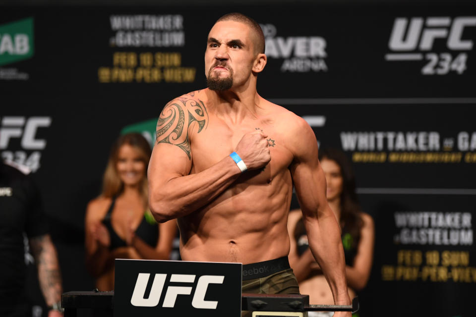 MELBOURNE, AUSTRALIA - FEBRUARY 09:  Robert Whittaker of Australia weighs in during the UFC 234 weigh-in at Rod Laver Arena on February 09, 2019 in the Melbourne Australia. (Photo by Jeff Bottari/Zuffa LLC/Zuffa LLC via Getty Images)