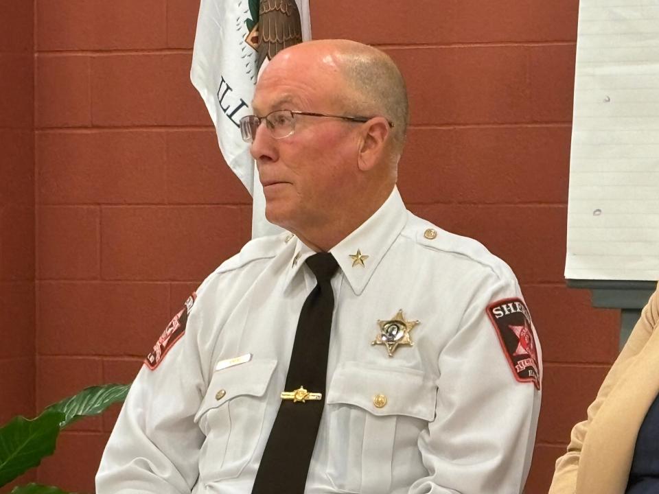 Sangamon County Sheriff Jack Campbell listens to a U.S. Department of Justice session on Sonya Massey at Union Baptist Church on July 29, 2024. Several speakers called for Campbell to resign after an officer was charged with murder in the case earlier this month.