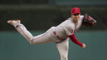 Los Angeles Angels pitcher Shohei Ohtani throws against the Detroit Tigers in the second inning of a baseball game in Detroit, Wednesday, Aug. 18, 2021. (AP Photo/Paul Sancya)