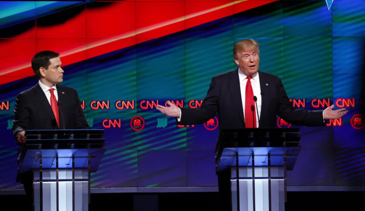 Marco Rubio and Donald Trump on the debate stage in March 2016 (AP)