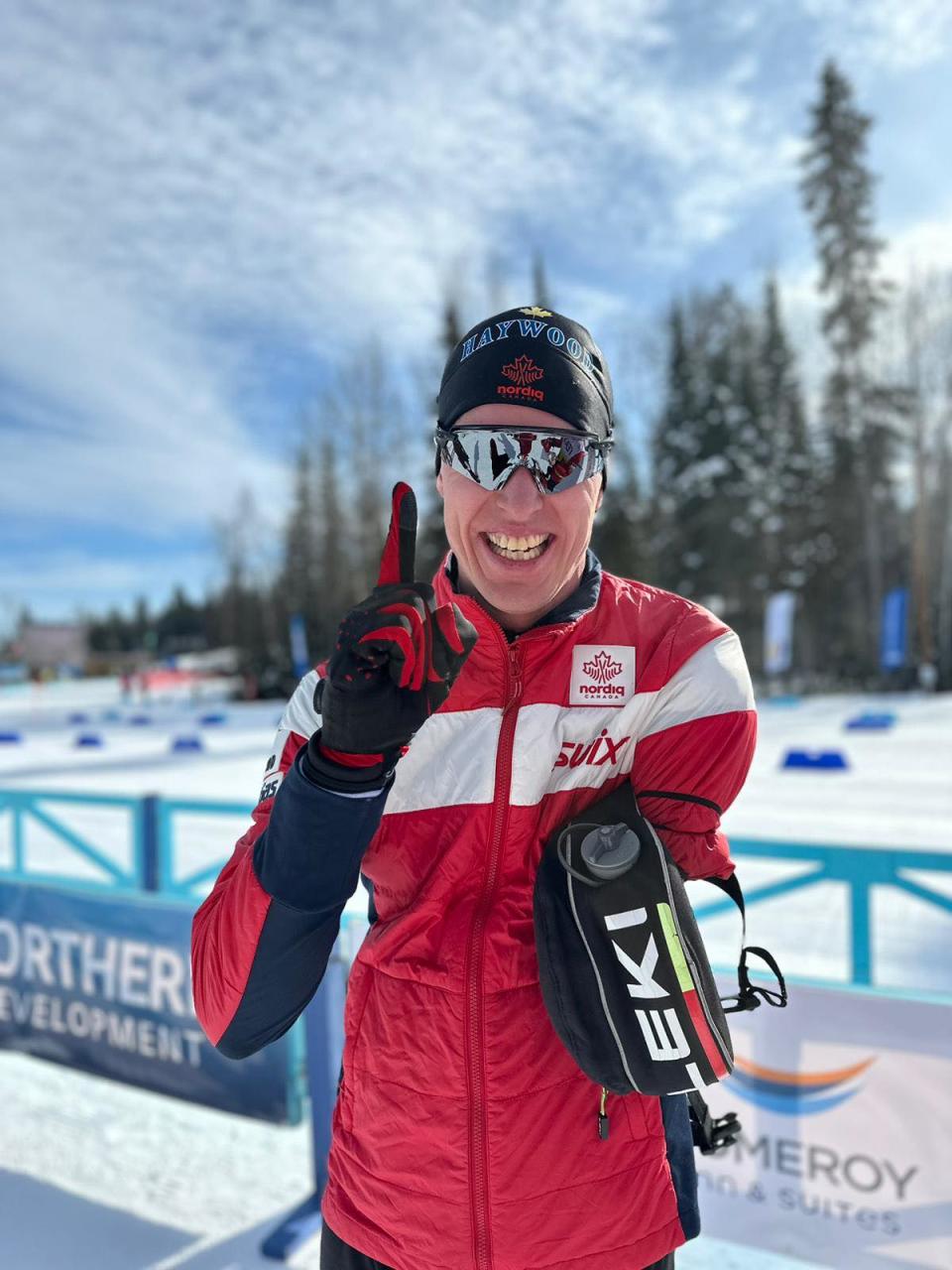Eleven-time Paralympic medallist Mark Arendz of Hartsville, P.E.I., served as Canada's flag-bearer at Tuesday night's opening ceremony at the Para Biathlon World Championships in Prince George, B.C. (Nordic Canada - image credit)