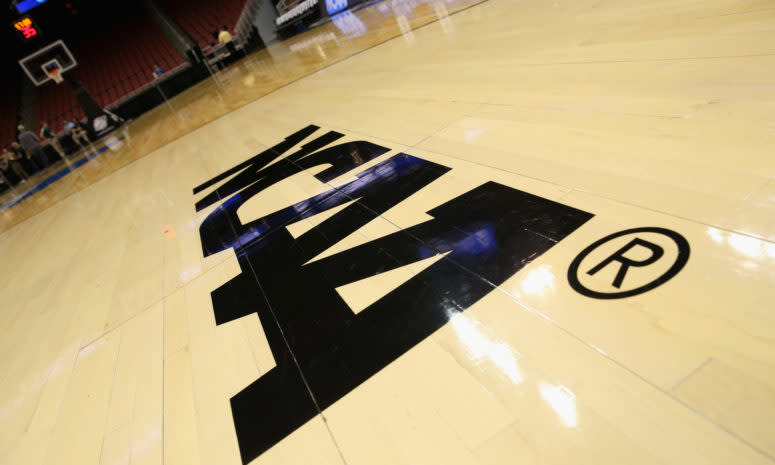 An NCAA logo on the court during the NCAA Tournament.