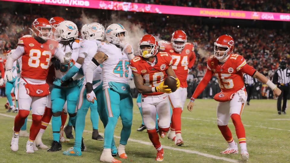 Kansas City Chiefs celebrate after scoring a touchdown during the fourth quarter against the Miami Dolphins. - David Eulitt/Getty Images