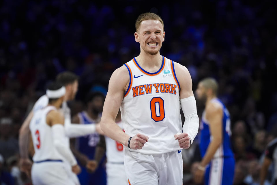 New York Knicks' Donte DiVincenzo reacts during the second half of Game 6 in an NBA basketball first-round playoff series against the Philadelphia 76ers, Thursday, May 2, 2024, in Philadelphia. (AP Photo/Matt Slocum)