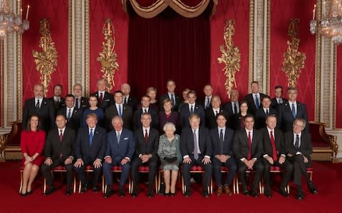 Leaders of Nato member states and its secretary general join the Queen and the Prince of Wales for a group picture - Credit: Yui Mok&nbsp;/PA