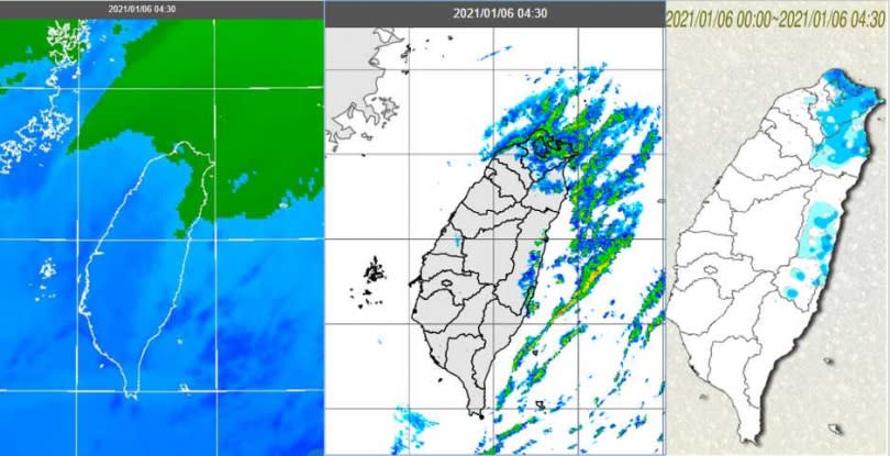 今（6日）晨4：30紅外線雲圖顯示，新竹以北雲量多（左）。4：30雷達回波合成圖顯示，迎風面有降水回波消長（中）。4：30累積雨量圖顯示，桃園以北及宜花已有局部雨（右）。（圖／翻攝自「三立準氣象· 老大洩天機」專欄）