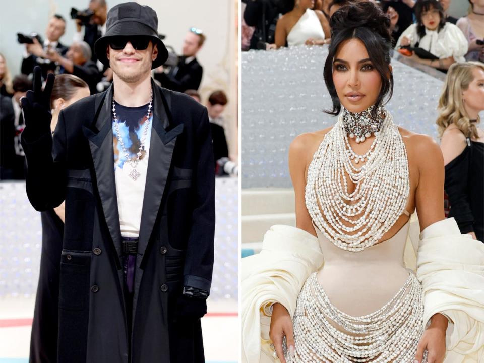 A side-by-side of Pete Davidson and Kim Kardashian at the 2023 Met Gala.