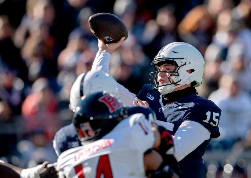Penn State quarterback Drew Allar makes a pass during the game against Rutgers on Saturday, Nov. 18, 2023.
