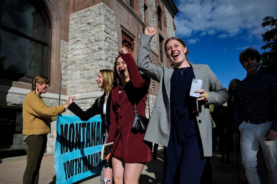 FILE - Youth plaintiffs in the climate change lawsuit, Held vs. Montana, arrive at the Lewis and Clark County Courthouse, on June 20, 2023, in Helena, Mont., for the final day of the trial. A Montana judge on Monday, Aug. 14, sided with young environmental activists who said state agencies were violating their constitutional right to a clean and healthful environment by permitting fossil fuel development without considering its effect on the climate. (Thom Bridge/Independent Record via AP, File)