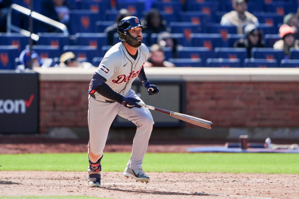 Detroit Tigers left fielder Riley Greene hits a single against the New York Mets during the eleventh inning at Citi Field on Thursday, April 4, 2024 in New York.