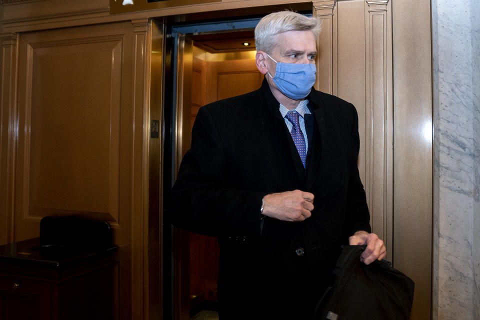 Sen. Bill Cassidy, R-La., departs Capitol Hill after the Senate acquitted former President Donald Trump in his second impeachment trial in the Senate at the U.S. Capitol in Washington, Saturday, Feb. 13, 2021. (Stefani Reynolds/Pool via AP)