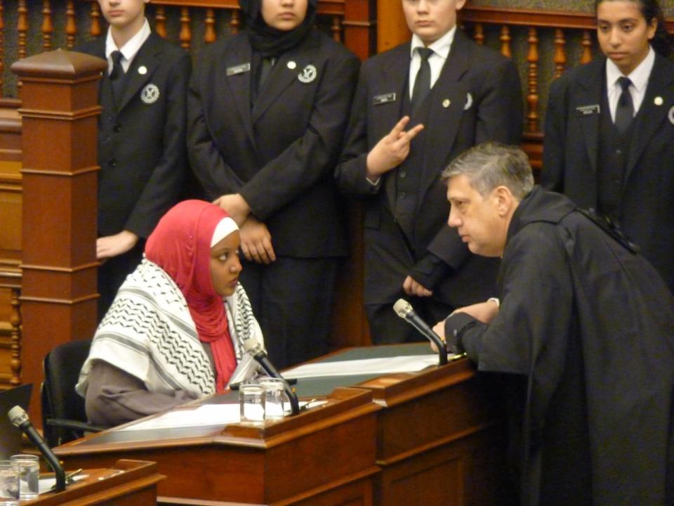 Independent MPP Sarah Jama is spoken to in the Ontario legislature on Thursday.