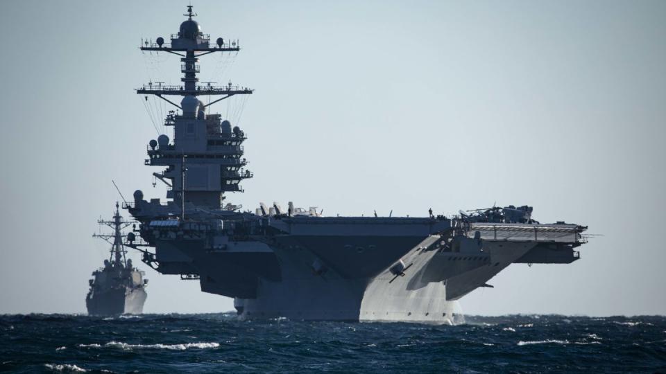 A view from the cruiser Normandy of the aircraft carrier Gerald R. Ford and the destroyers Thomas Hudner, Ramage and McFaul. (MC2 Malachi Lakey/Navy)