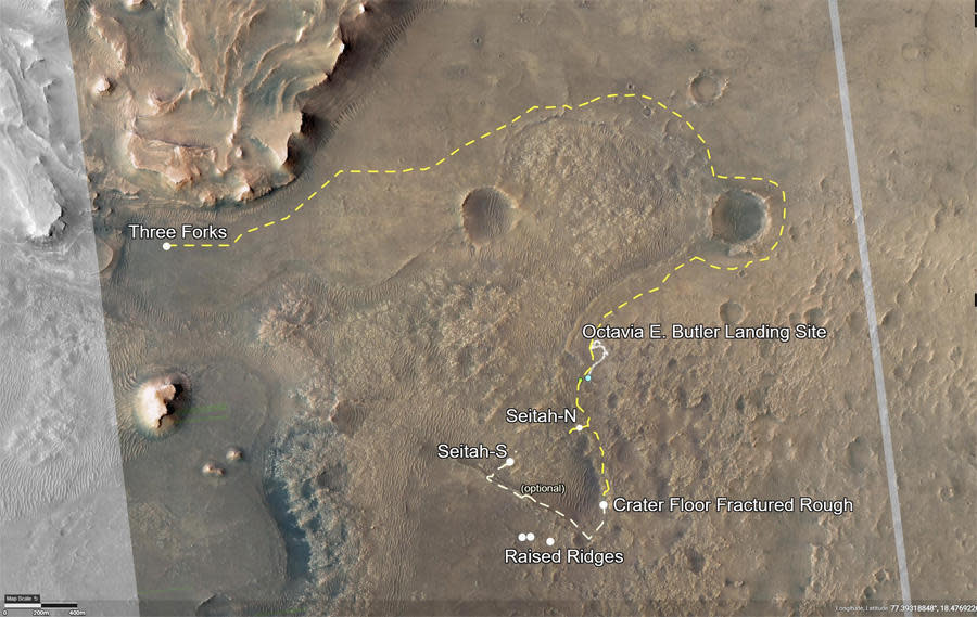 A view from orbit shows the Perseverance rover's current location south of the Octavia E. Butler landing site in an area known as cratered floor fractured rough. Other possible sample collection sites are the 