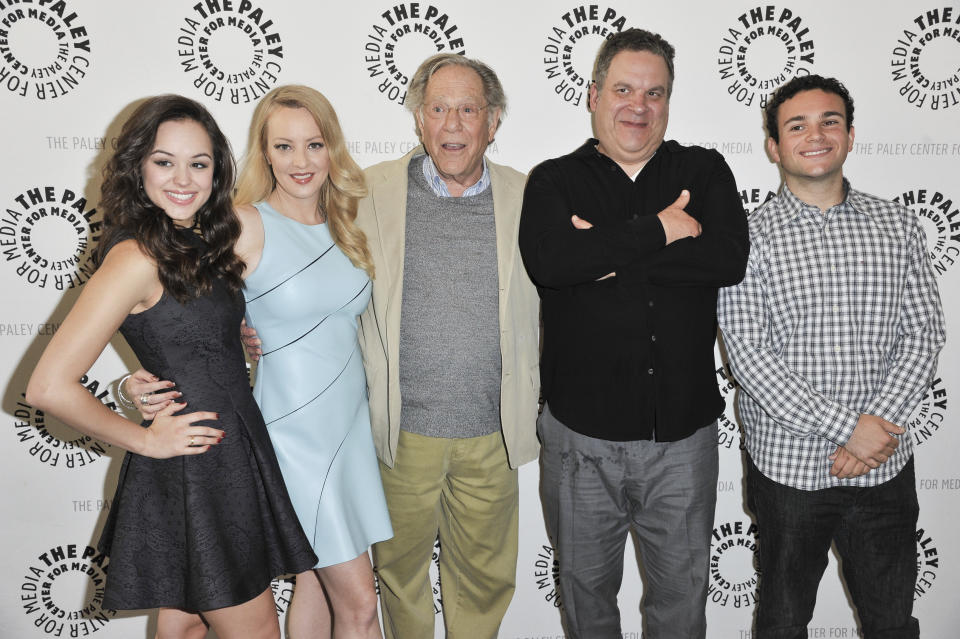 FILE - Cast members of the ABC sitcom "The Goldbergs," from left, Hayley Orrantia, Wendi McLendon-Covey, George Segal, Jeff Garlin, and Troy Gentile appear at Paley Center Presents "The Goldbergs: Your Trip To The 1980's" on April 28, 2014 in Beverly Hills, Calif. Segal, the banjo player turned actor who was nominated for an Oscar for 1966's “Who’s Afraid of Virginia Woolf?,” and starred in the ABC sitcom “The Goldbergs,” died Tuesday, his wife said. He was 87. (Photo by Richard Shotwell/Invision/AP, File)