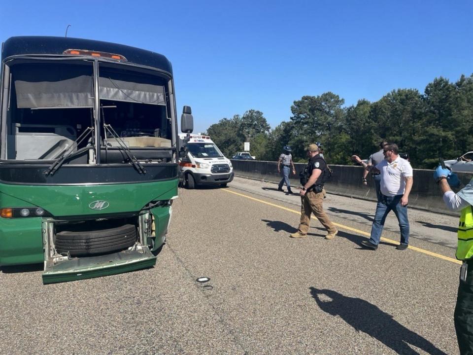 PHOTO: A charter bus crashed in Hancock County, Mississippi, on April 5, 2024. (Mississippi Highway Patrol)