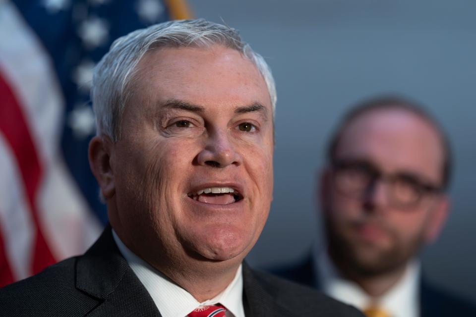 House Oversight and Accountability Committee Chairman James Comer, R-Ky., joined at right by House Ways and Means Committee Chairman Jason Smith, R-Mo., speaks at the Capitol in Washington, Tuesday, Dec. 5, 2023.