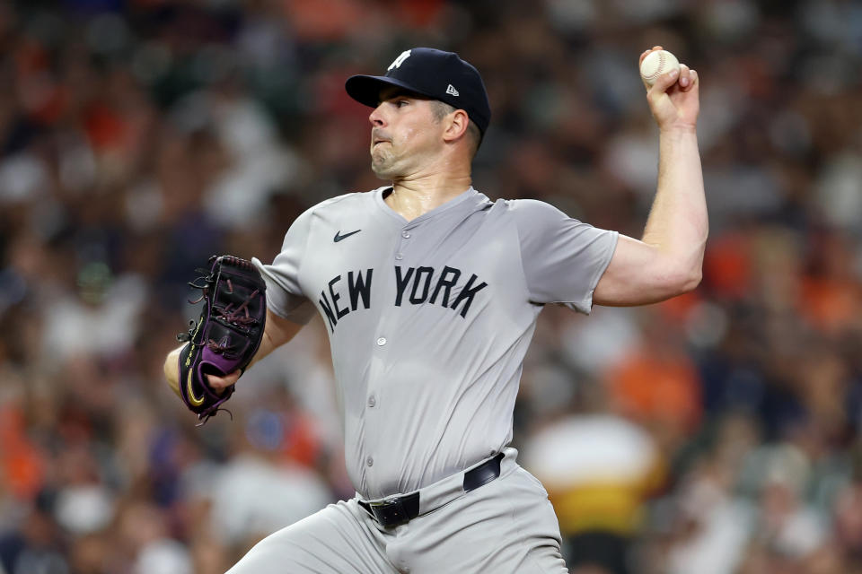 Yankees pitcher Carlos Rodon has become the unfortunate poster child of the new uniforms' sweat problem. (Photo by Tim Warner/Getty Images)